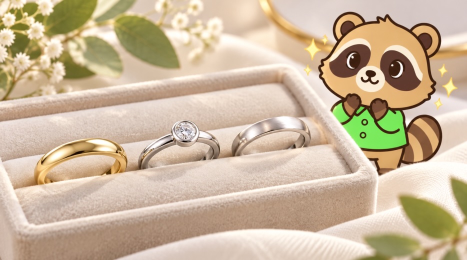 K18・プラチナ・シルバーの厄除けリングを並べたジュエリートレイ