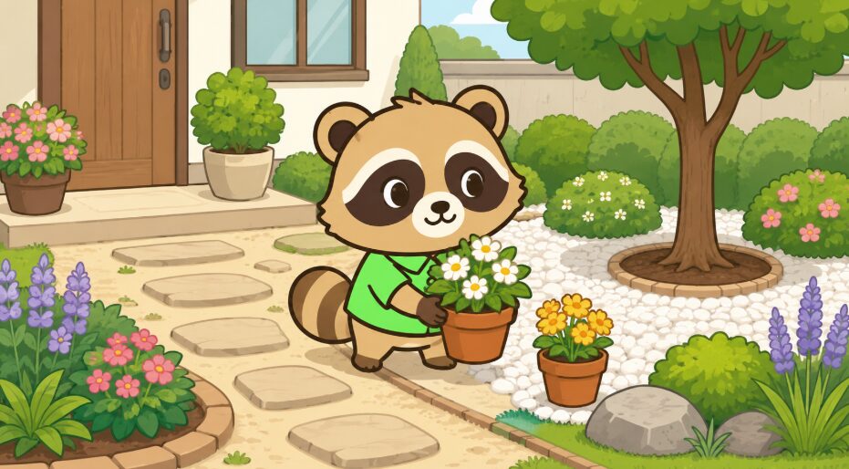 庭で鉢植えや花を配置して運気アップの庭づくりをする緑のシャツのたぬき