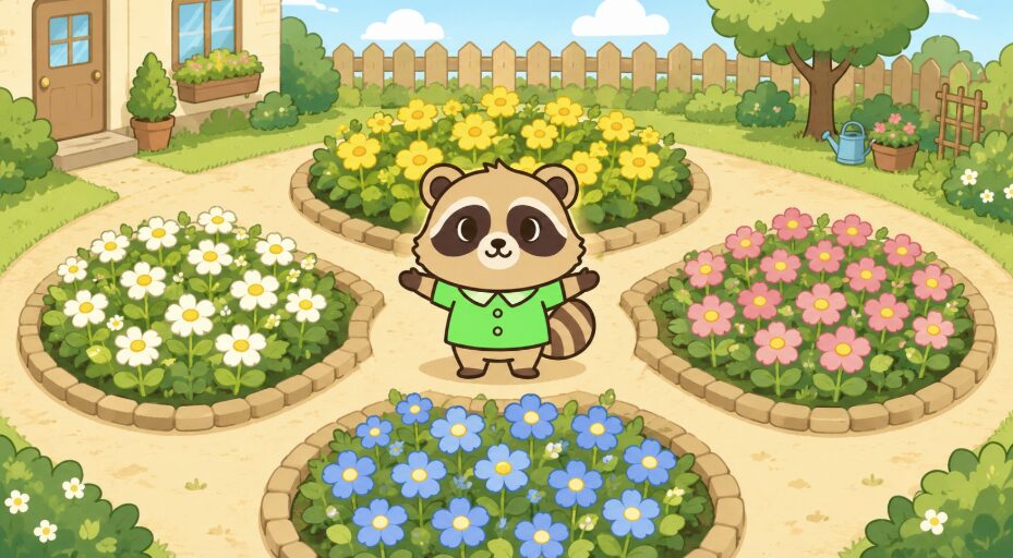 色とりどりの花壇の前で方角を確認する緑のシャツのたぬき