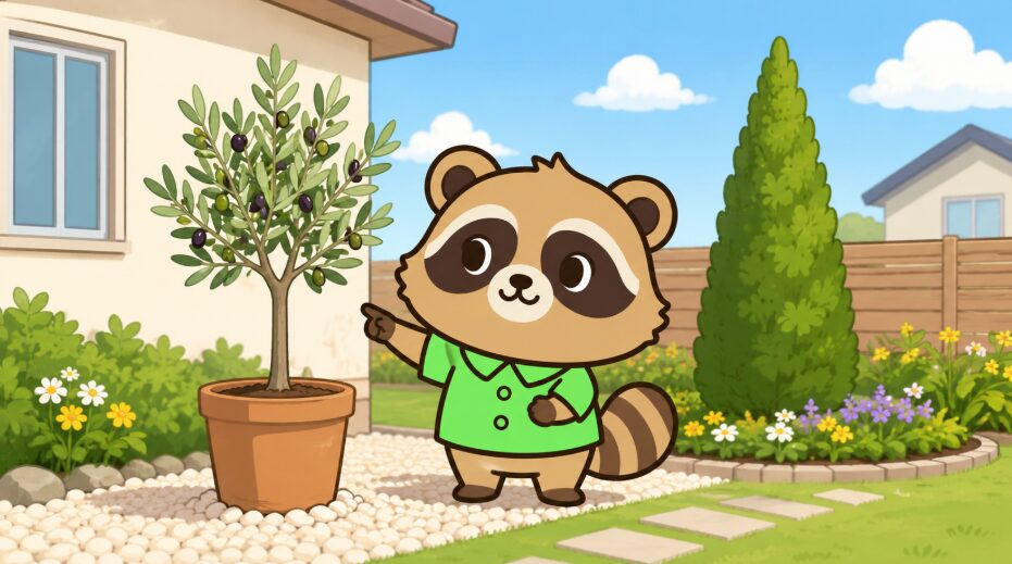 庭で鉢植えのシンボルツリーを指差して確認する緑のシャツのたぬき