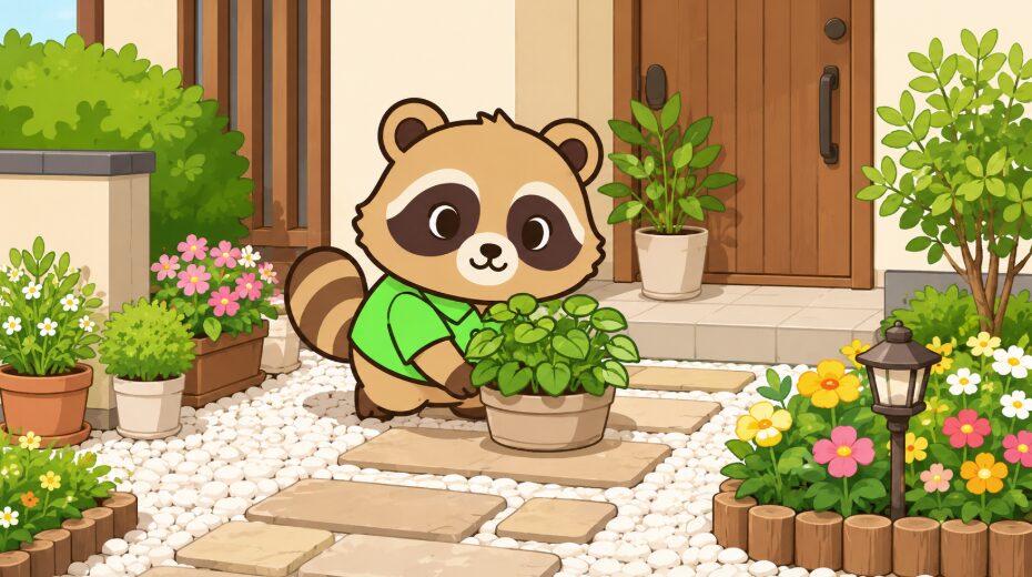 玄関アプローチに鉢植えと明るい花を配置する緑のシャツのたぬき