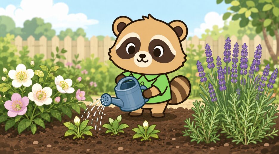 花壇に宿根草を植えて水やりをする緑のシャツのたぬき