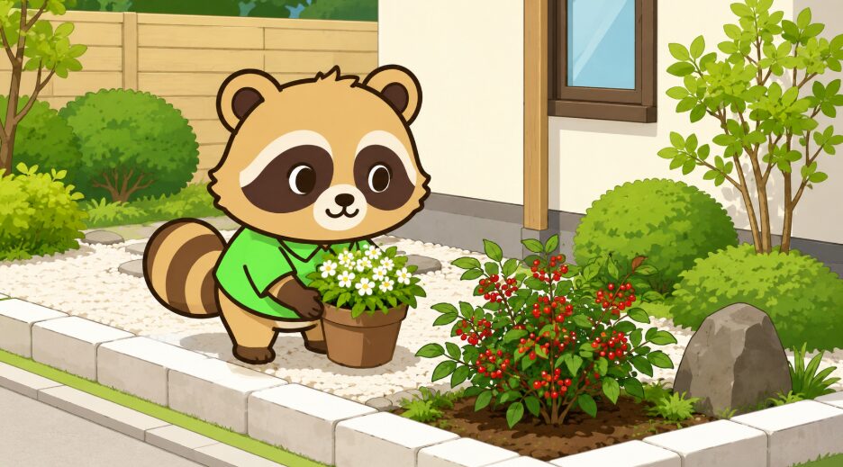 庭の一角に白い花と赤い実の南天を植える緑のシャツのたぬき