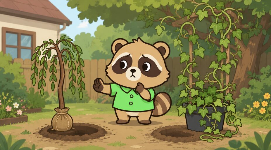 伸びすぎた木やつる植物を見て困っている緑のシャツのたぬき