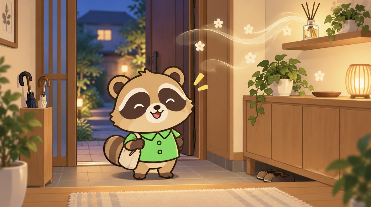 心地よい香りの玄関に帰宅する緑シャツのたぬきとディフューザー