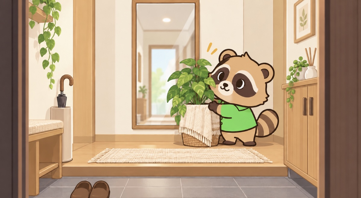 玄関正面の鏡の前に観葉植物を置いて工夫するたぬき
