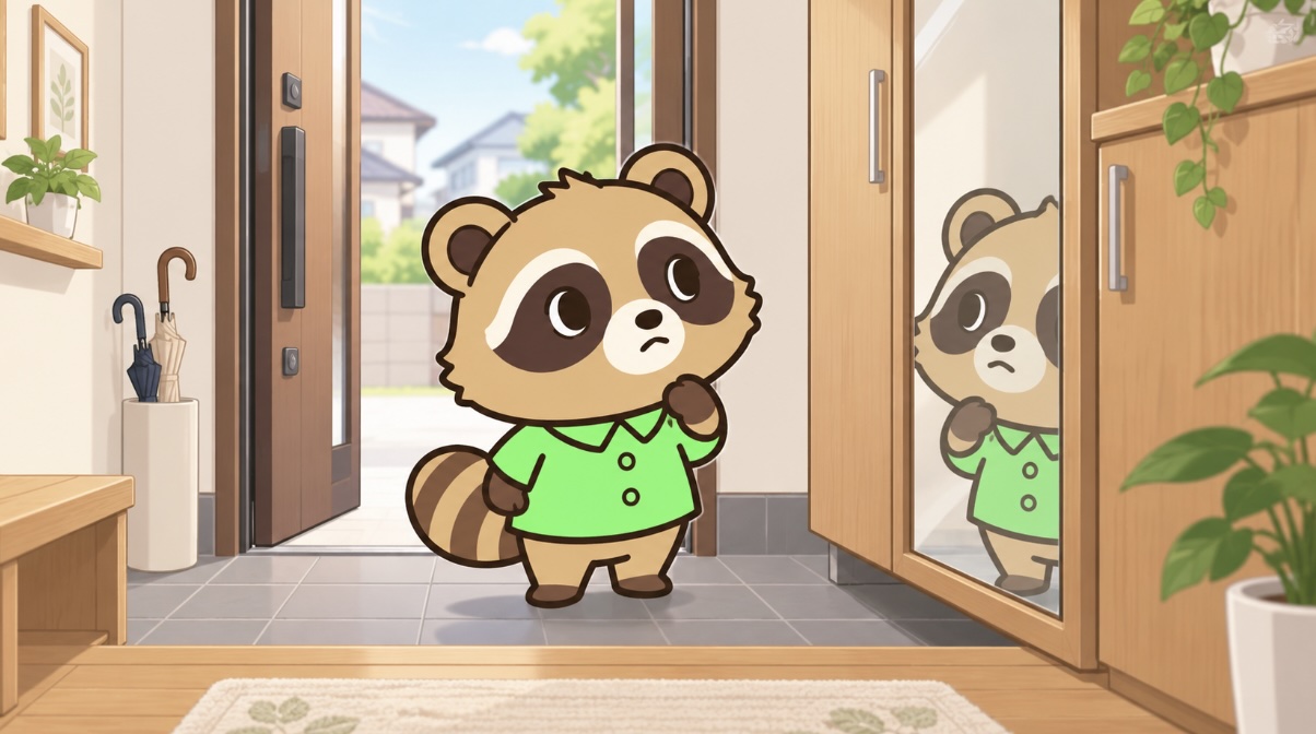 玄関を入って右側にある鏡を気にして見るたぬき