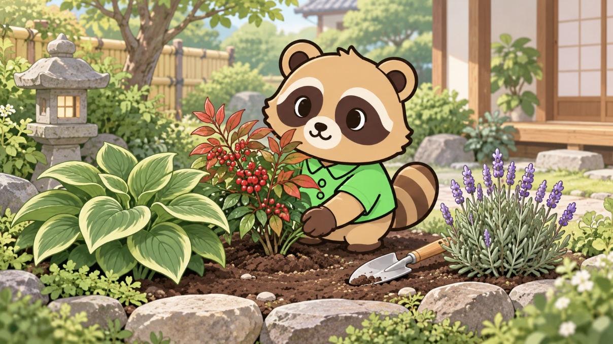南天・ホスタ・ラベンダーを庭に植える緑シャツのたぬき