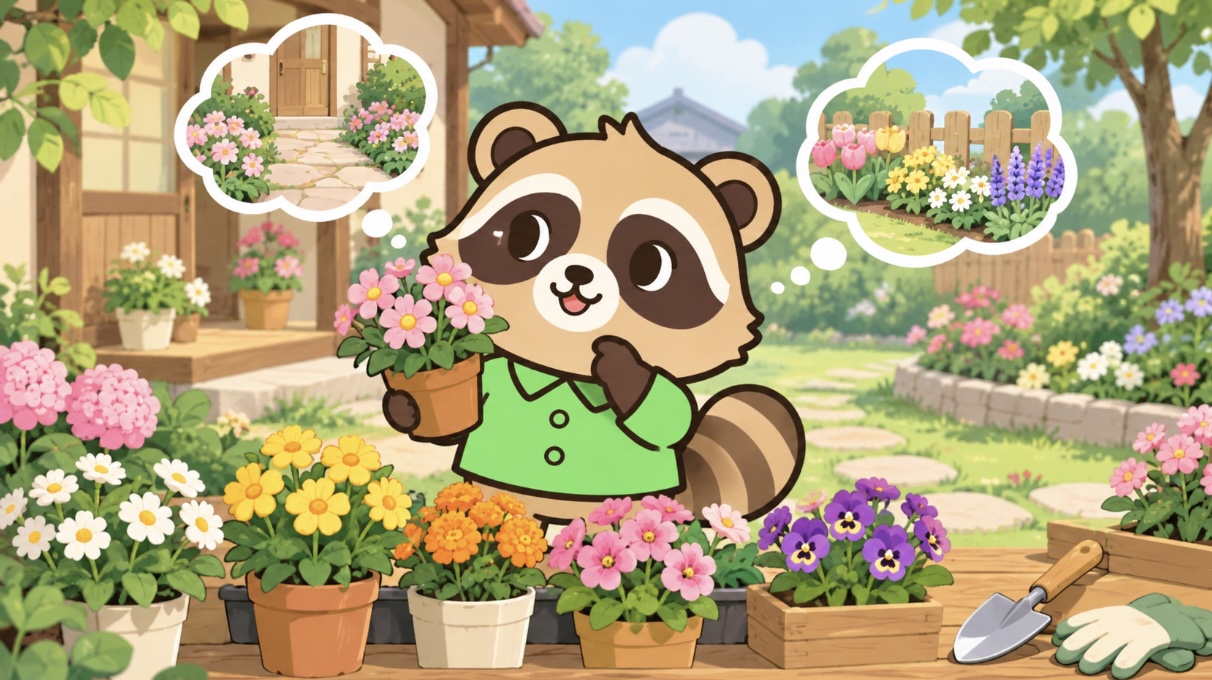 色とりどりの花を見比べながら庭づくりを考える緑シャツのたぬき