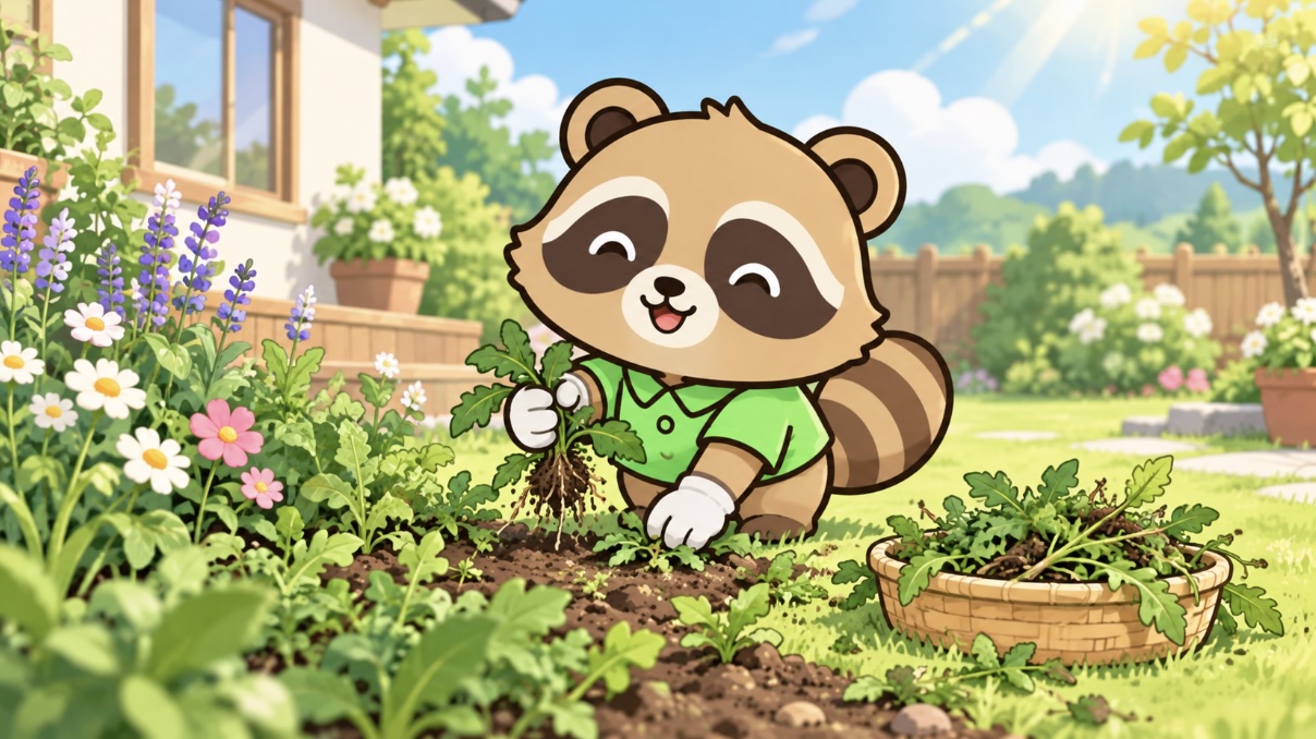 庭で雑草を根から抜く緑シャツのたぬき。草むしりを浄化や手放しとして楽しむ様子
