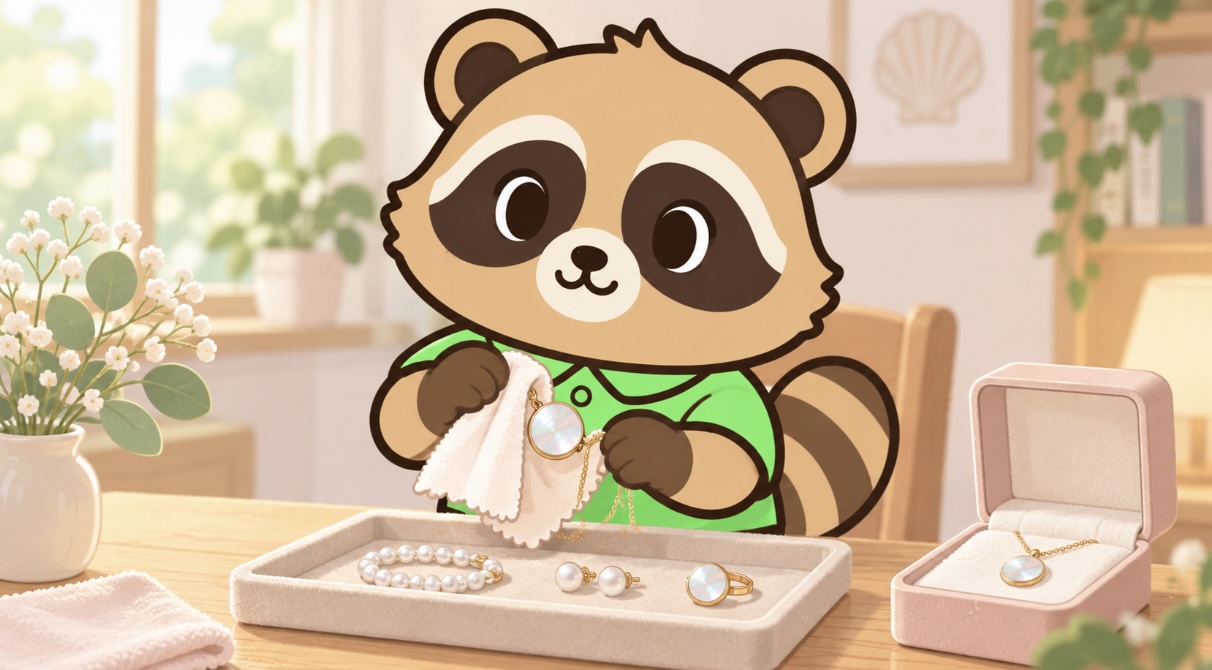 柔らかい布でマザーオブパールのネックレスをやさしく拭くたぬき