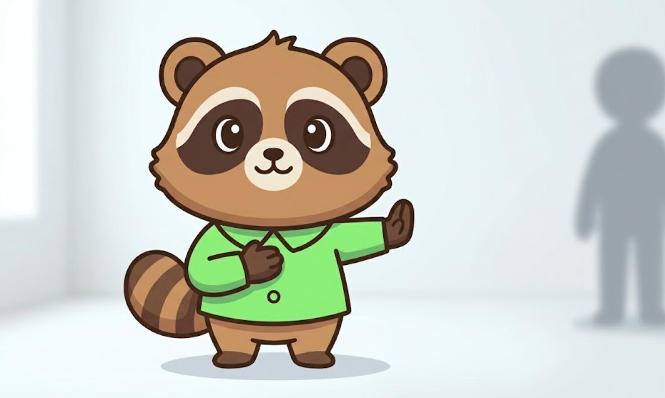 たぬきが胸に手を当てながら手を前に出し、心の境界線を作っているイラスト