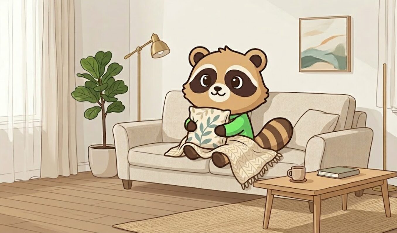 リビングのソファでくつろぎ、ほっとした表情を見せる緑のシャツのたぬきのイラスト