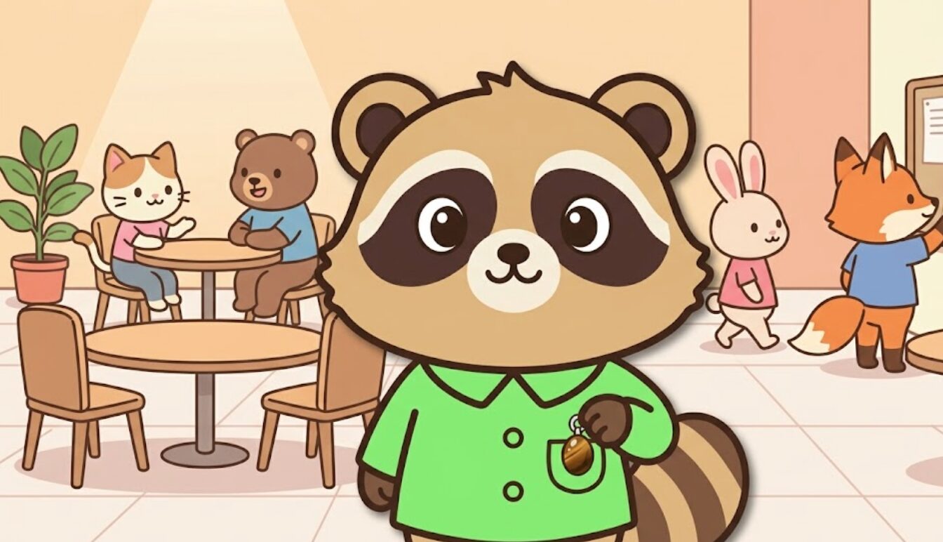 人が集まる場面で、ポケットの中の小さなタイガーアイのお守りに触れながら気持ちを落ち着けているたぬきのイラスト