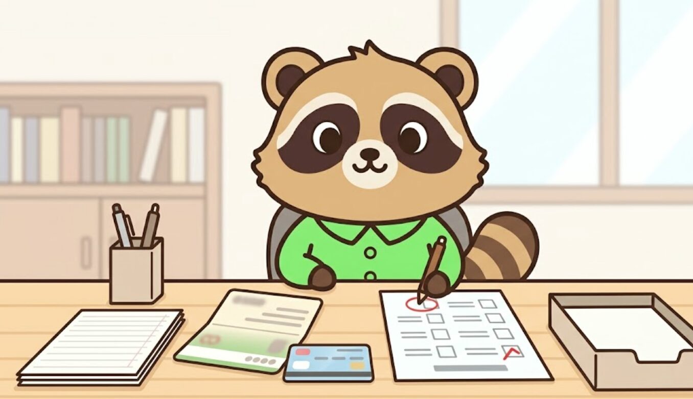 緑のシャツを着たたぬきが通帳やカードを並べ、チェックリストを見ながら口座と引き落としを確認している様子