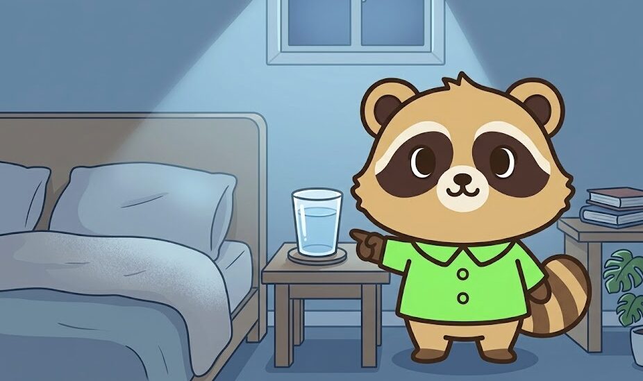 夜の寝室で、緑のシャツを着たかわいいたぬきが枕元のコップの水を指差して説明している