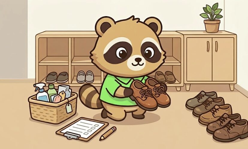 床に敷いたマットの上で外履きの靴を1足ずつ確認しながら、必要かどうか見直している緑のシャツのたぬきキャラクターのイラスト