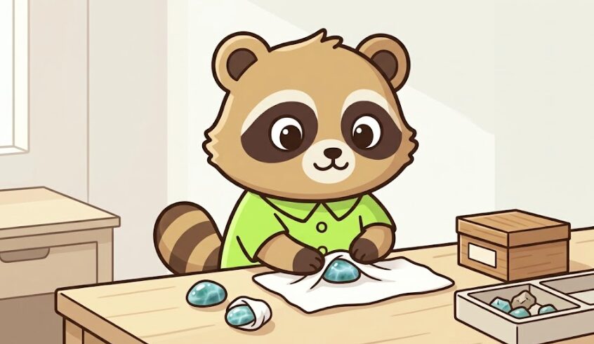 ラリマーを白い布で包みながら、落ち着いて対処と処分の準備をしている緑のシャツのたぬきのイラスト