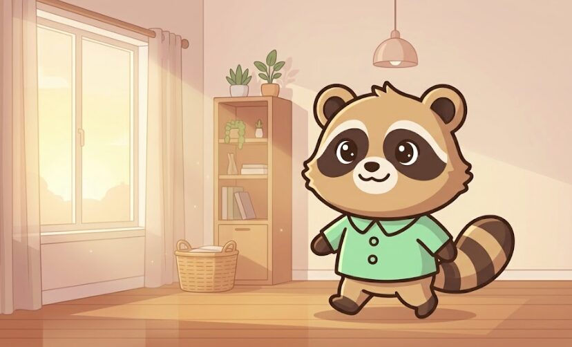 朝の光の中で前向きに歩き出す、緑のシャツのたぬきのイラスト