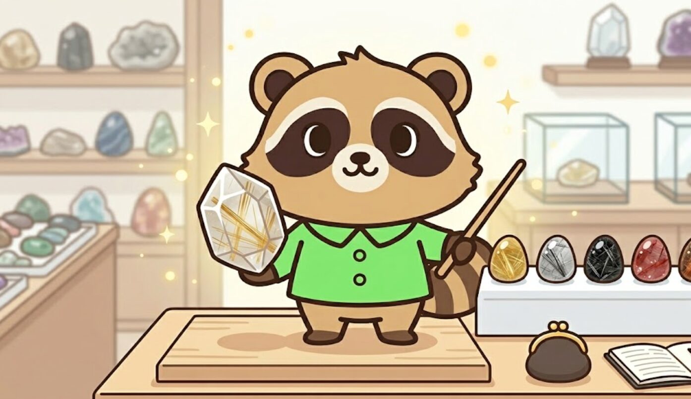 緑のシャツを着たたぬきが、金色や銀色など色違いのルチルクオーツを指差しながら説明している