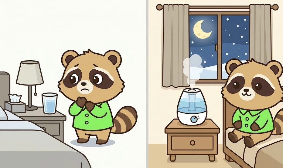 枕元のコップの水と加湿器を左右で比べながら、たぬきが喉の乾燥対策を考えている