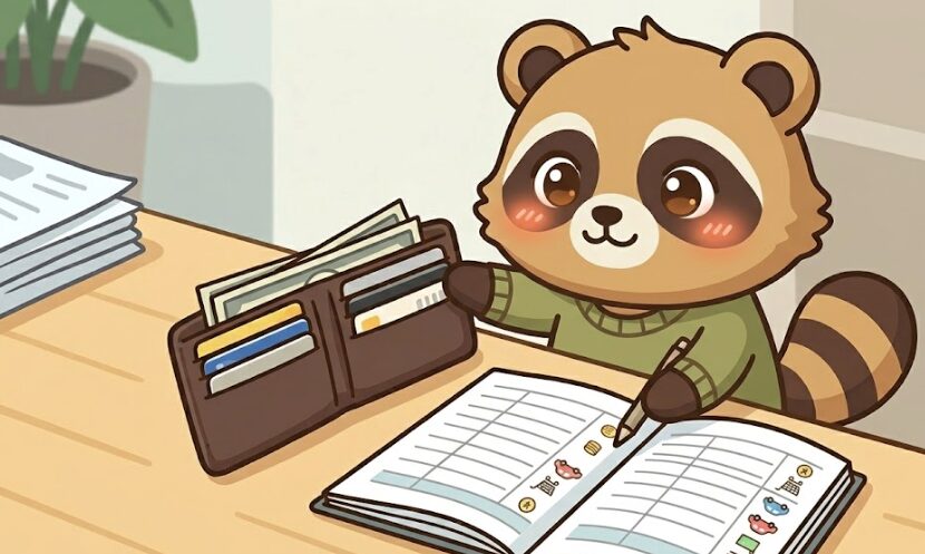 たぬきが財布の中を整えながら家計ノートを確認している