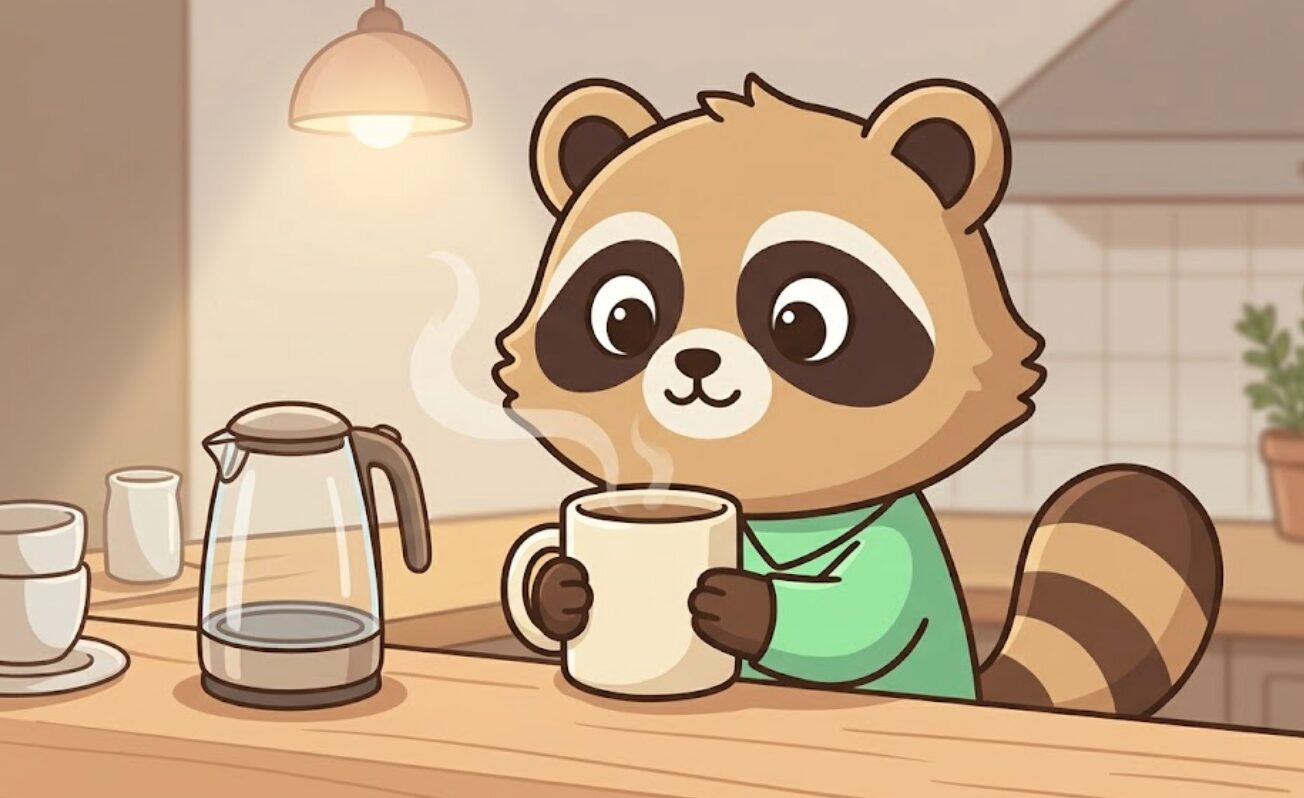 たぬきが湯気の立つマグカップを両手で包み、温かい飲み物で夜を落ち着かせているイラスト