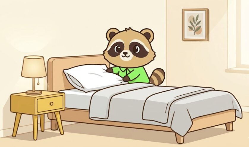 寝室で枕やベッドまわりを整えている、緑のシャツのたぬきのイラスト