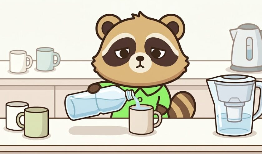 疲れた様子のたぬきが、ミネラルウォーターをマグカップに注いで白湯を作っているイラスト