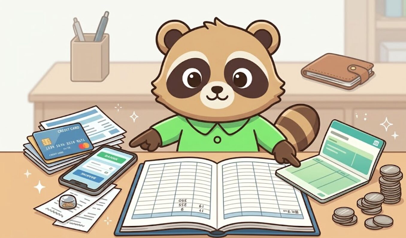 緑のシャツを着たたぬきが机でクレジットカード明細やスマホ、通帳を順番に確認しながら家計整理をしている様子