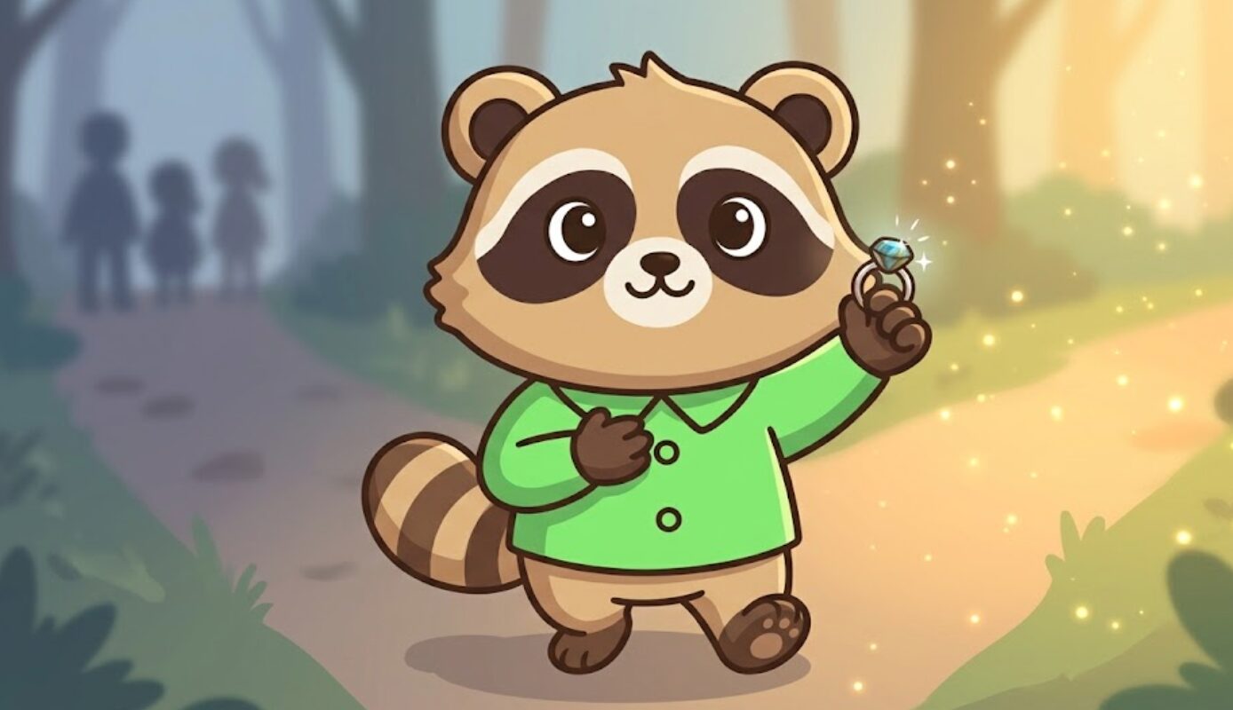 ラブラドライトのリングを身につけて光の差す道へ進む緑のシャツのたぬき