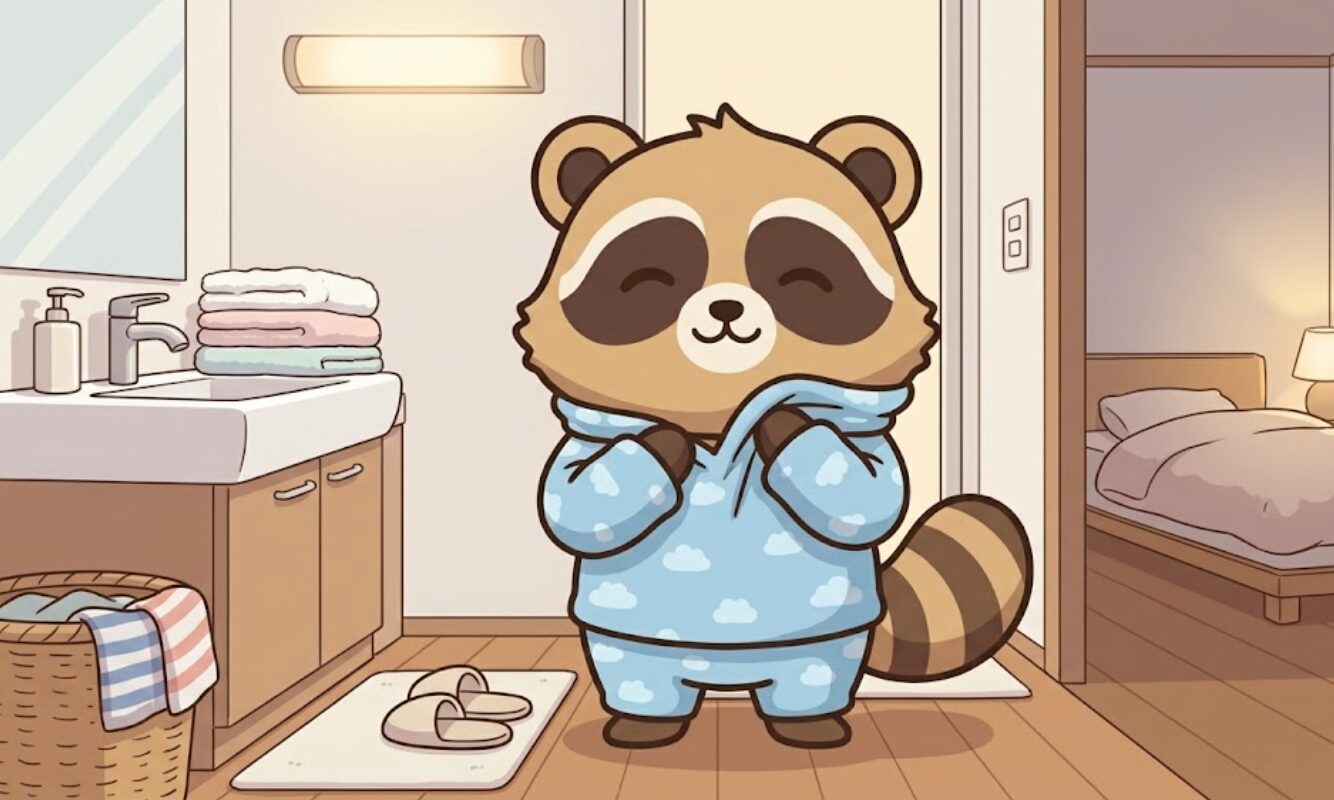 お風呂上がりのたぬきが、お気に入りのパジャマに袖を通して心地よく寝る準備をしているイラスト