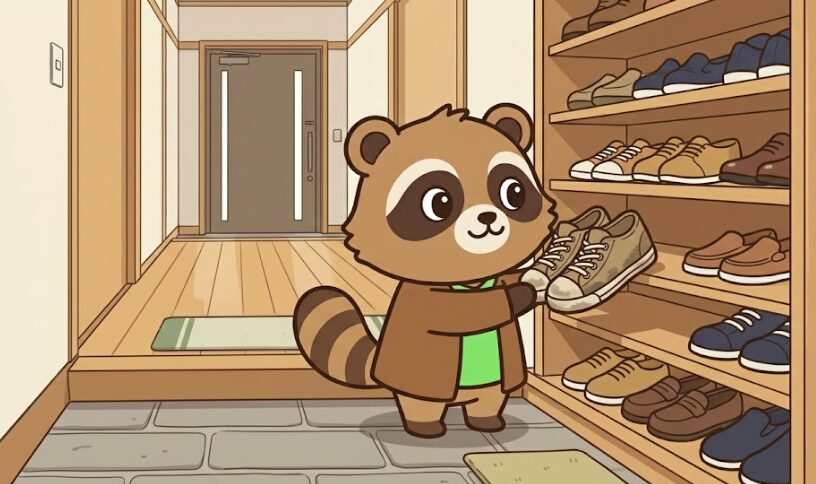 取り出しやすい高さの靴箱に、よく履く外履きの靴を戻している緑のシャツのたぬきキャラクターのイラスト