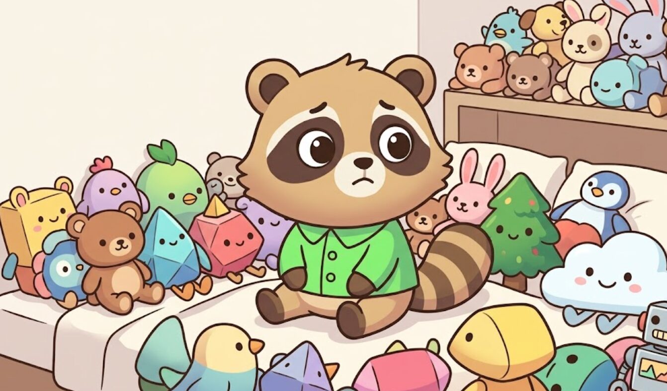 たくさんのぬいぐるみに囲まれて、落ち着かなそうにしているたぬきのイラスト