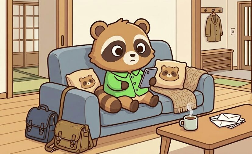 帰宅後も気持ちを切り替えられずソファでぼんやりする、緑のシャツのたぬきのイラスト