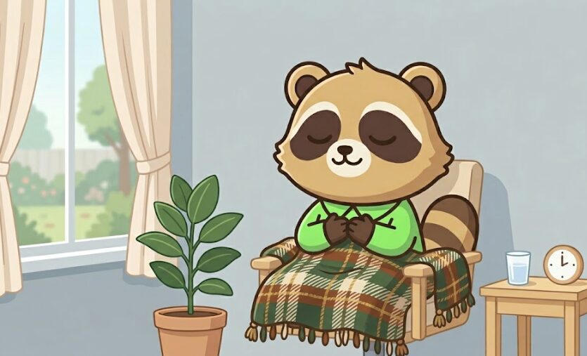 静かな部屋で胸に手を当てて深呼吸する、緑のシャツのたぬきのイラスト