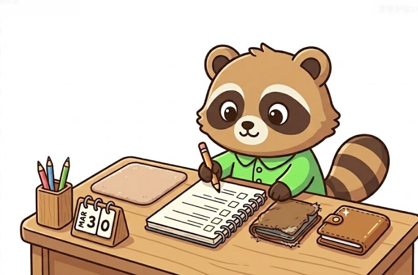 緑のシャツのたぬきが机の上で財布の状態を確認し、ノートを見ながら買い替え時期を考えている