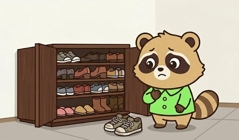 靴が詰まった下駄箱の前で困った表情を見せる緑のシャツのたぬき