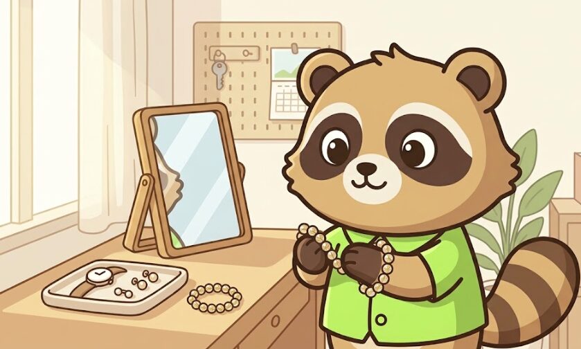 緑のシャツを着たたぬきが朝の身支度をしながら、アクセサリートレイからルチルクオーツのブレスレットを取り、日常に取り入れようとしている