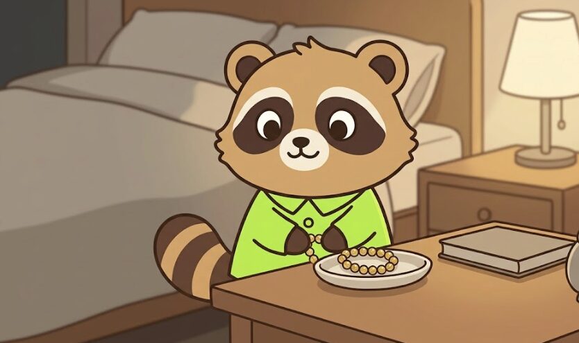 緑のシャツを着たたぬきが寝る前にルチルクオーツのブレスレットを外し、ベッドサイドのトレイに置いている