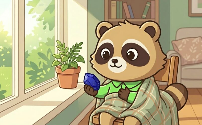 40代女性の心の揺らぎに寄り添うラピスラズリを見るたぬきキャラクター