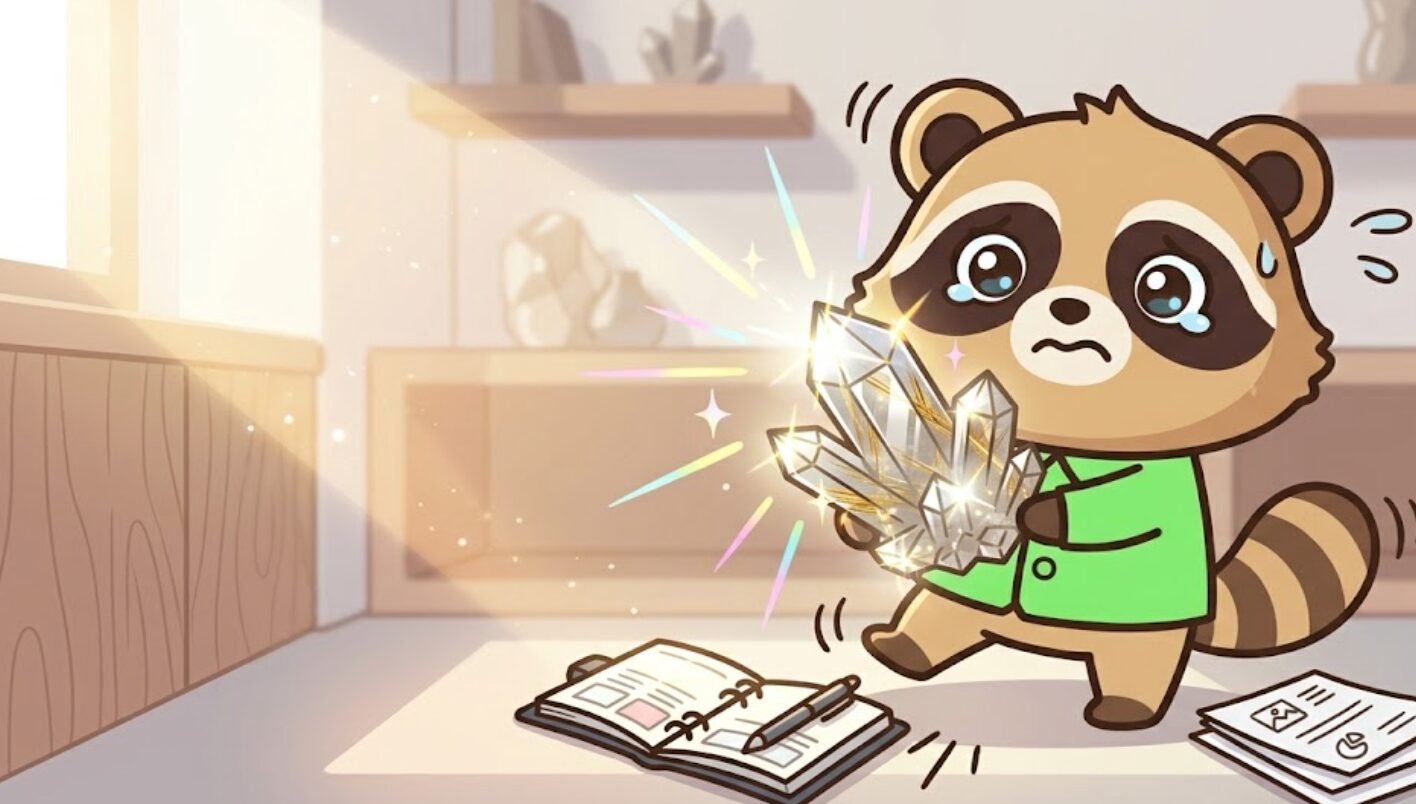 緑のシャツのたぬきが強く輝くルチルクオーツを持ちながら、少し戸惑った表情をしている