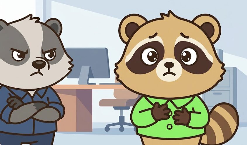 職場の空気に影響されて不安そうにしている、緑のシャツのたぬきのイラスト