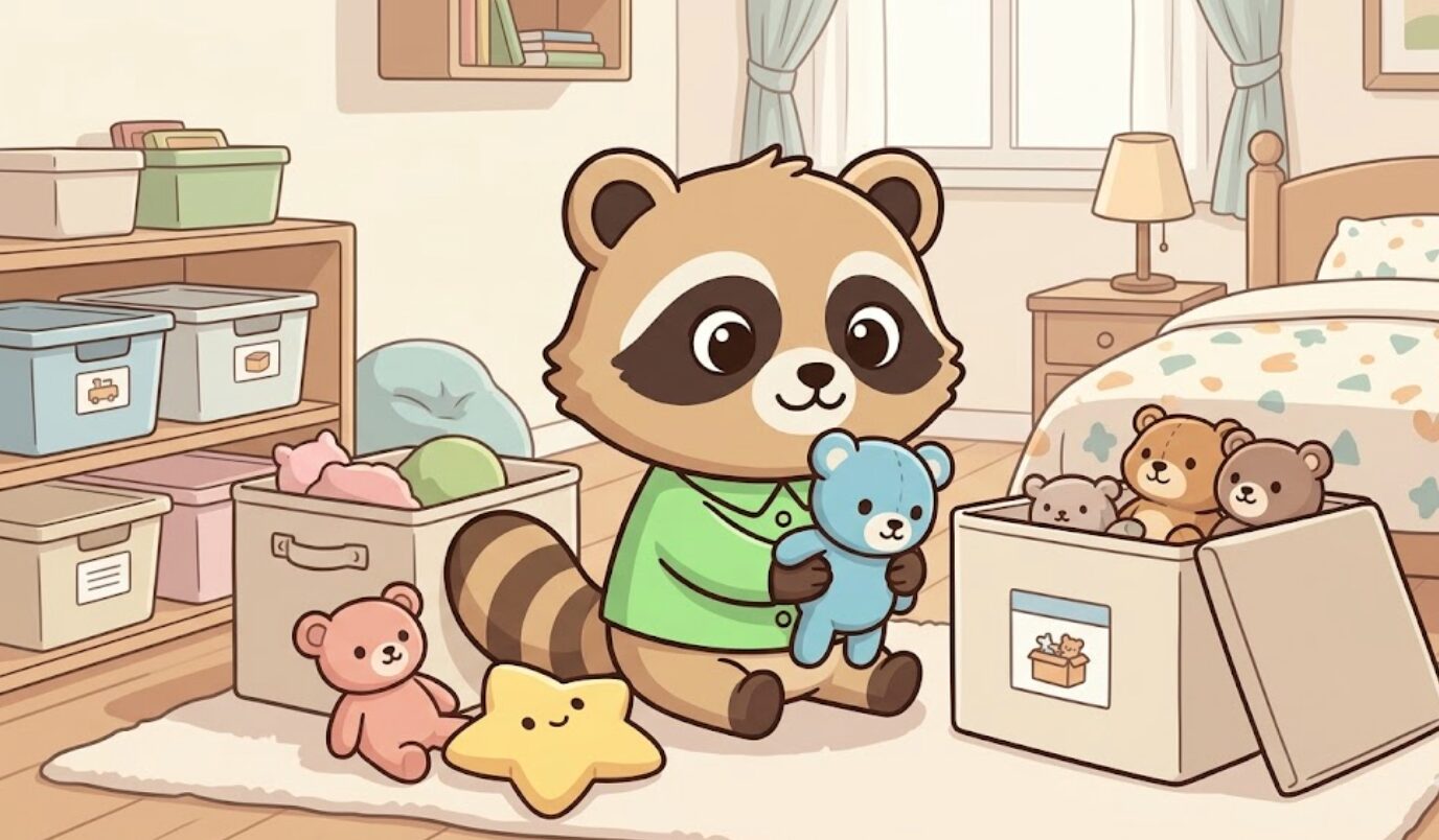 ぬいぐるみを少しだけ残して、残りを収納しているたぬきのイラスト