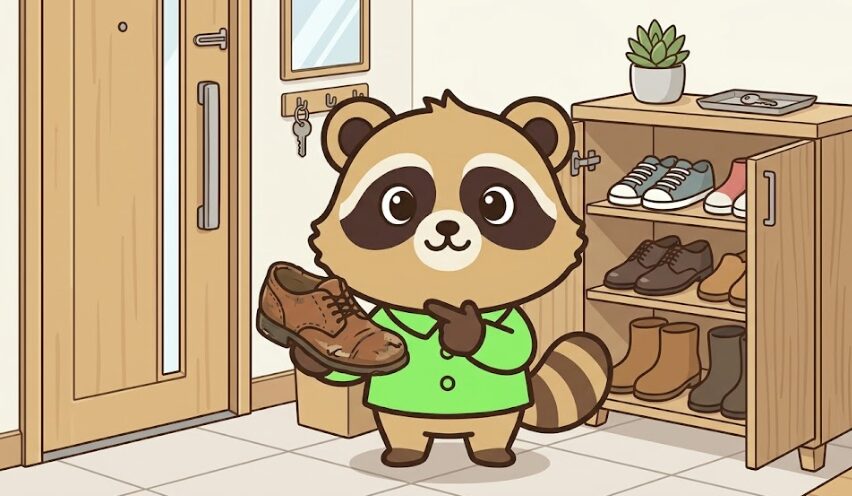玄関で靴を持ちながら捨て方の基本を説明する緑のシャツのたぬき