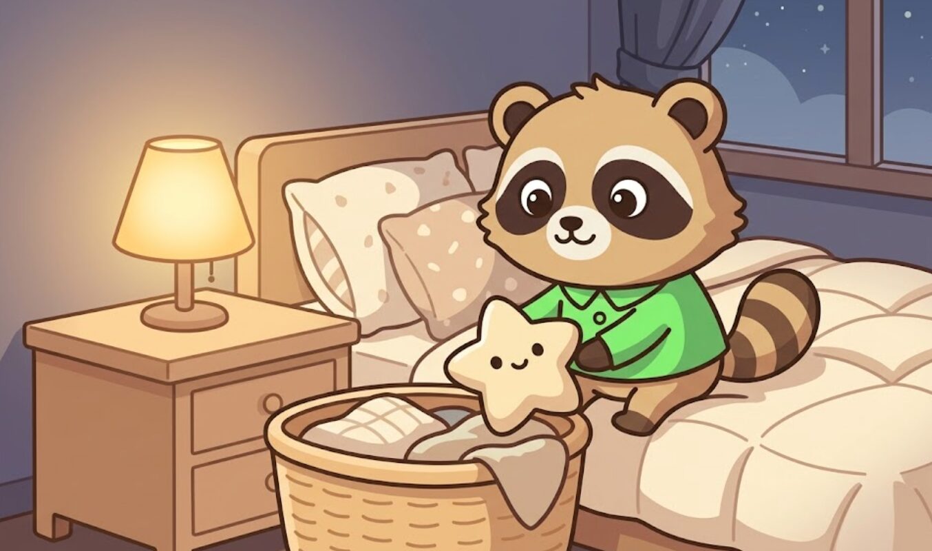 寝る前に抱いていたぬいぐるみをベッド横のかごへ置くたぬきのイラスト