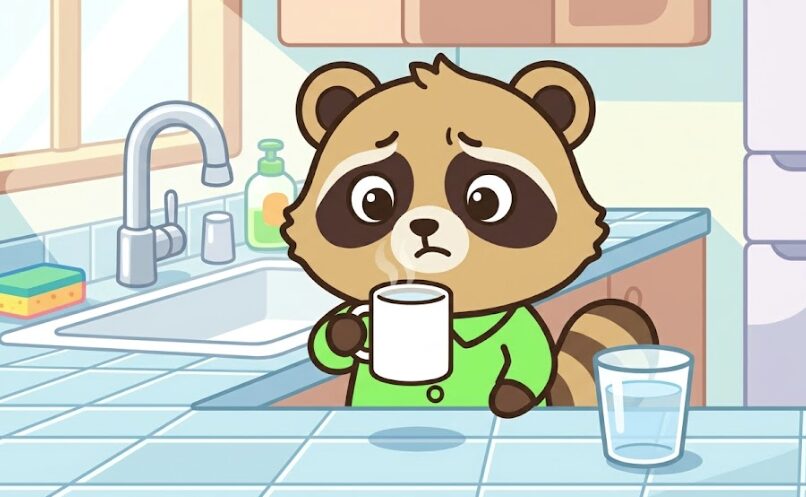 たぬきが水道水で作った白湯のにおいをかいで、少し困った表情をしているイラスト