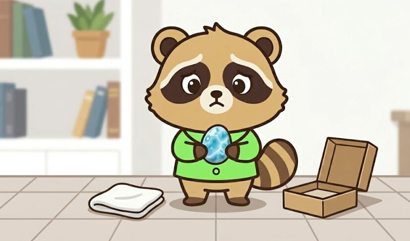 ラリマーを両手で持ちながら少し不安そうに見つめ、机の上の白い布と小箱を前に迷っている緑のシャツのたぬきのイラスト