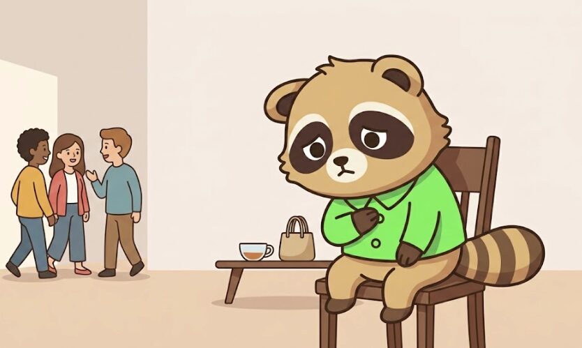 人と会ったあとに疲れて椅子に座り込む、緑のシャツを着たたぬきのイラスト