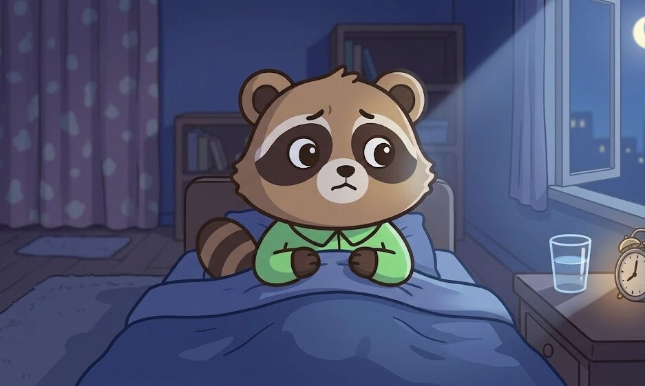 不安そうなたぬきが布団の中から枕元のコップの水を見つめ、安心しようとしている夜の寝室